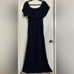 Sugarlips Navy Blue Ruffled Maxi Dress with Flutter Sleeves